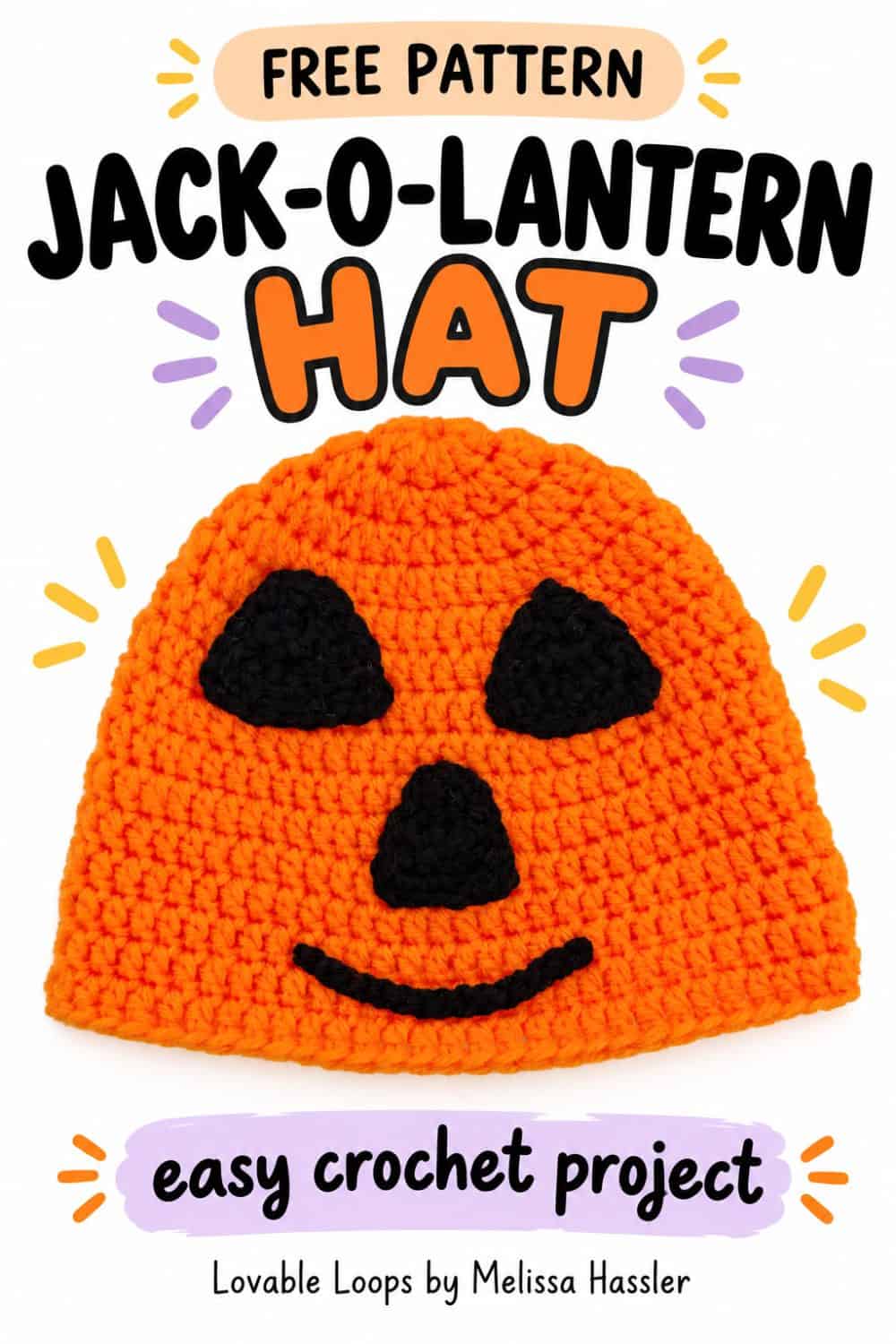 Pinterest graphic reading โFree Jack-o-Lantern Hatโ with an orange crocheted pumpkin hat featuring black triangular eyes, nose, and curved smile.