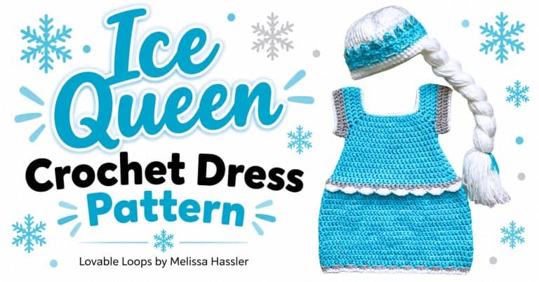 Horizontal graphic featuring a turquoise crochet ice queen baby dress with gray and white trim and a matching white braided wig beside text reading “Ice Queen Crochet Dress Pattern.”