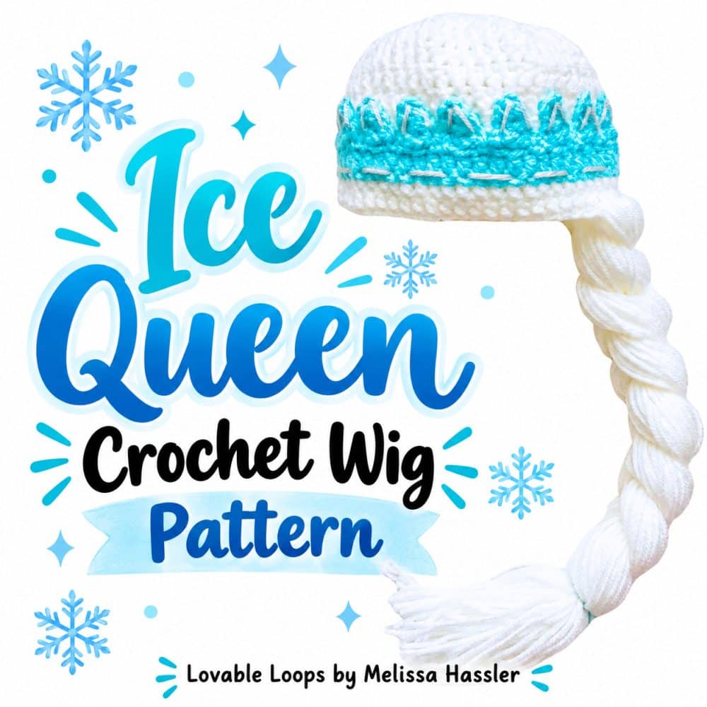 Square Pinterest graphic showing a white crochet ice queen wig with a light teal crown and long white side braid beside text reading “Ice Queen Crochet Wig Pattern.”