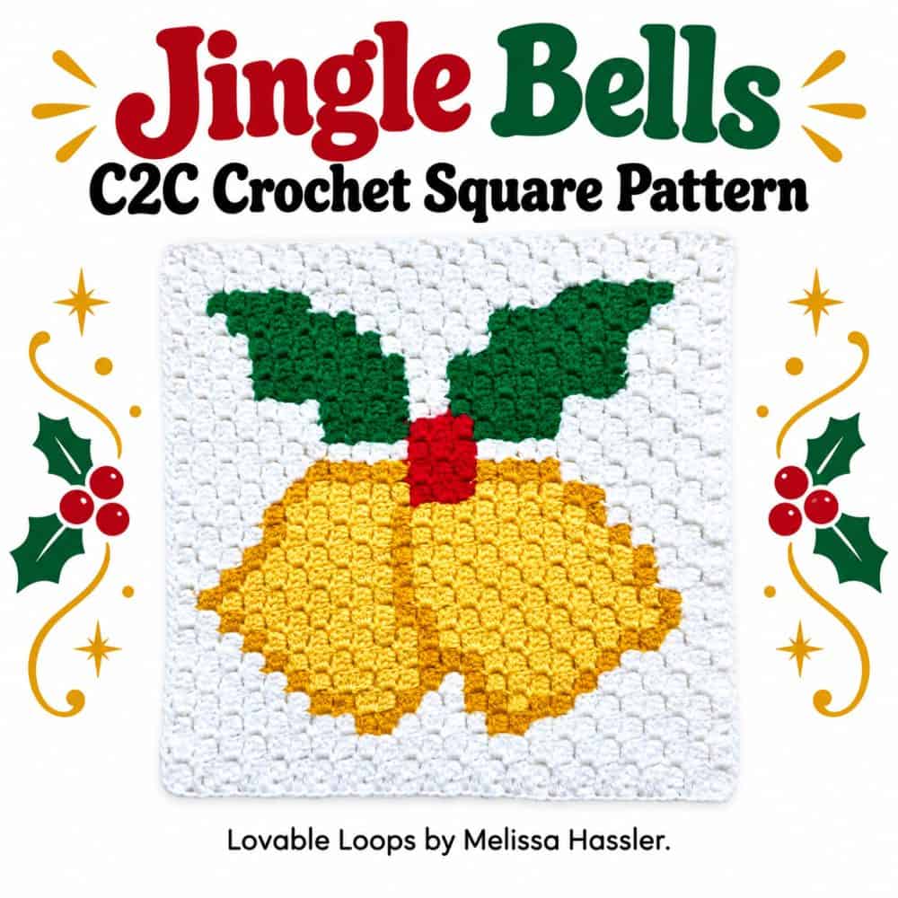 Square graphic featuring a white C2C crochet square with two gold jingle bells, green holly leaves, and a red bow, surrounded by Christmas-themed decorations and text reading “Jingle Bells C2C Crochet Square Pattern.”