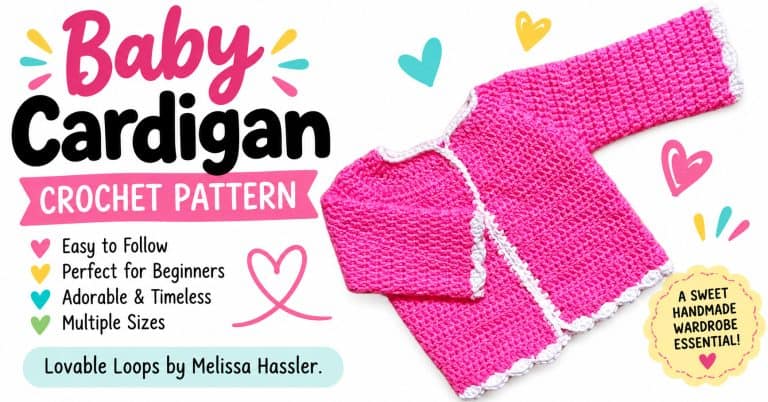 Horizontal graphic showing a bright pink crochet baby cardigan with long sleeves and white scalloped edging beside text reading “Baby Cardigan Crochet Pattern.”