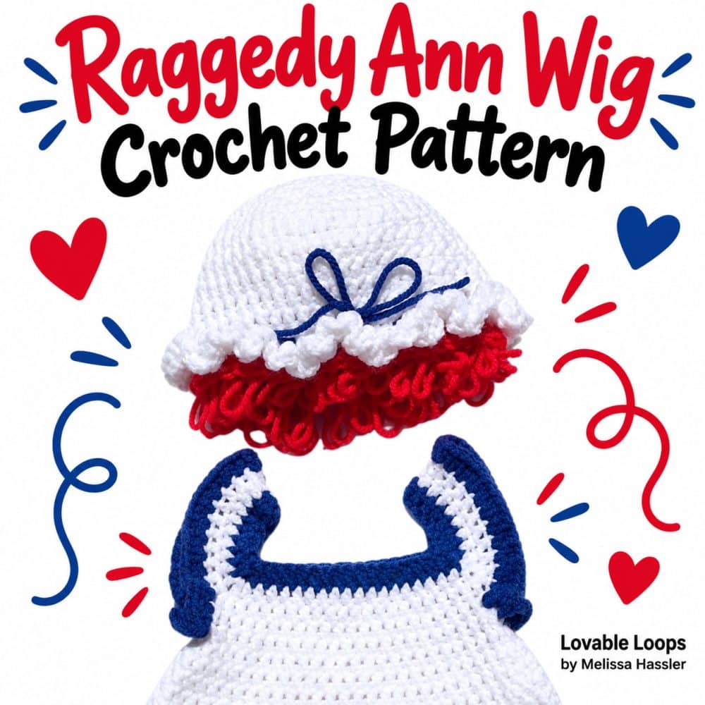 Square graphic showing a white crochet Raggedy Ann wig with red loop-stitch hair and blue bow above the matching dress, surrounded by red and blue decorative accents and text reading “Raggedy Ann Wig Crochet Pattern.”