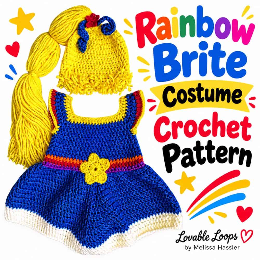 Rainbow Brite crochet costume set with a blue dress, white hem, rainbow accents, yellow star, and long yellow yarn wig.