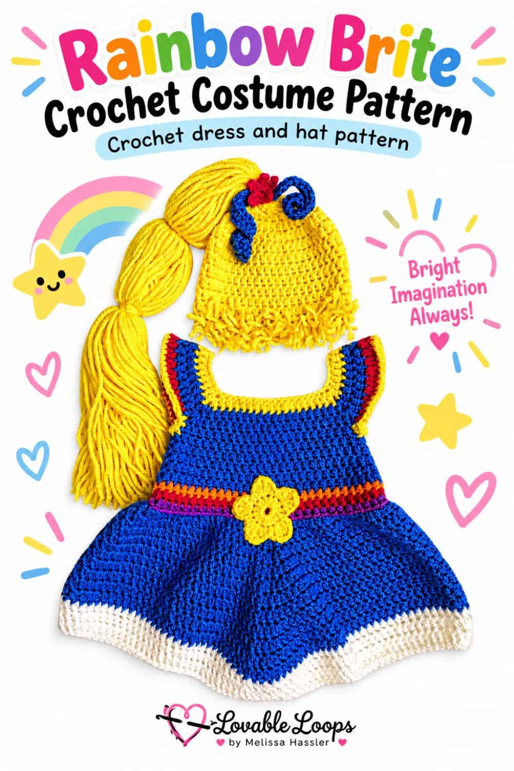 Colorful Rainbow Brite crochet baby costume featuring a blue dress with rainbow trim, yellow star, and matching yellow yarn wig.