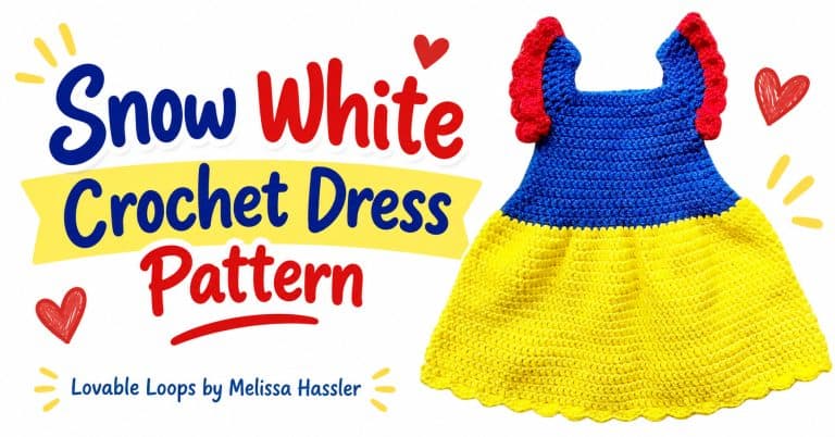 Graphic showing a blue, yellow, and red crochet Snow White baby dress beside text reading “Snow White Crochet Dress Pattern.”
