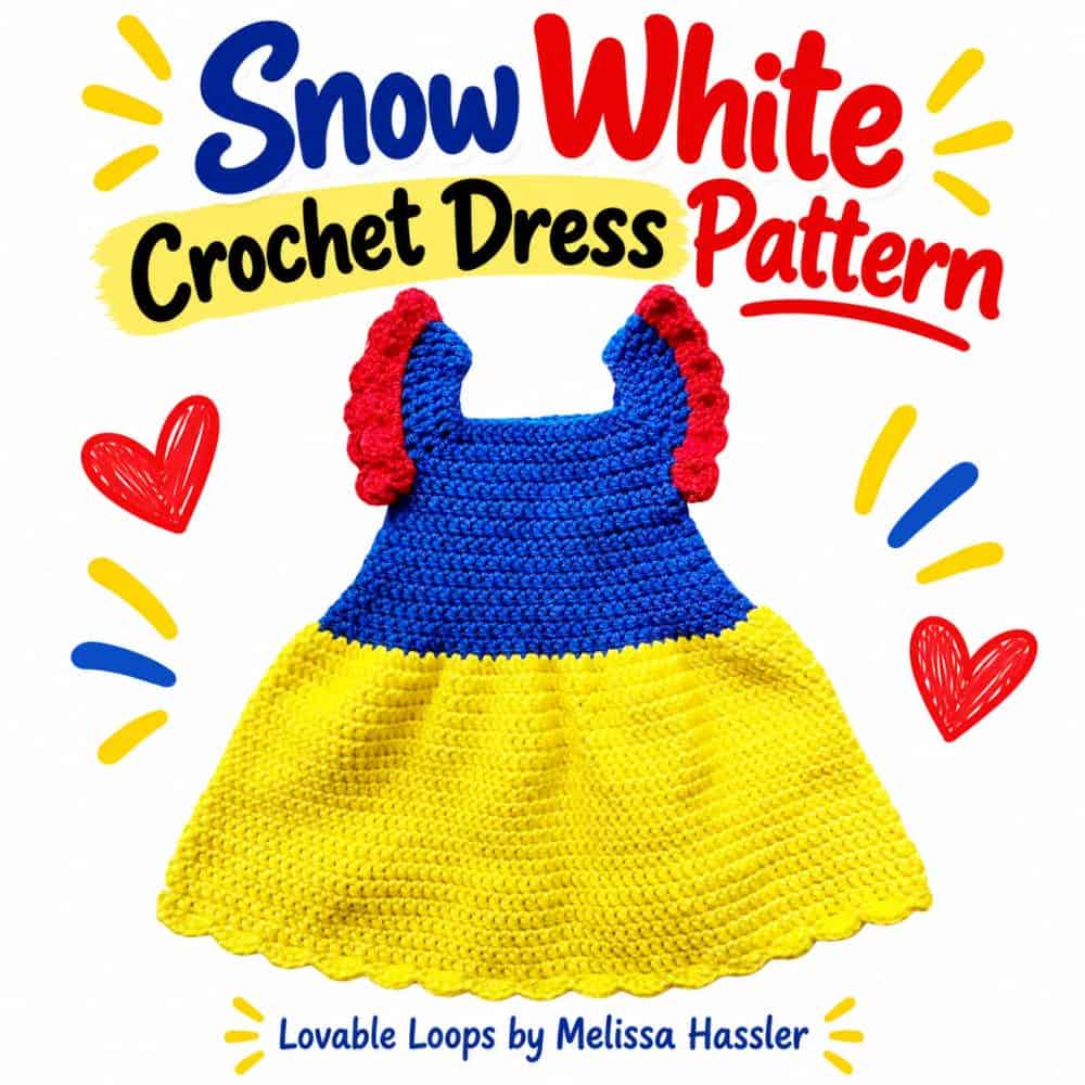 Square graphic featuring a blue bodice, yellow skirt, and red ruffled sleeves on a crochet Snow White dress beneath text reading “Snow White Crochet Dress Pattern.”