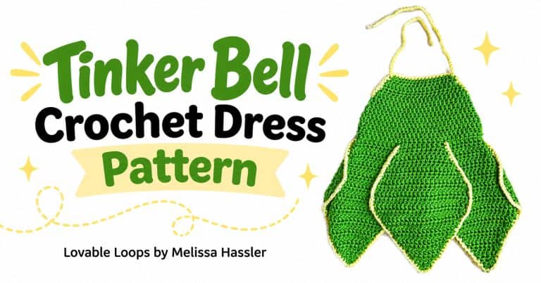 Horizontal graphic featuring a green crochet Tinker Bell-inspired baby dress with pointed skirt panels, yellow trim, and long neck ties beside text reading “Tinker Bell Crochet Dress Pattern.”