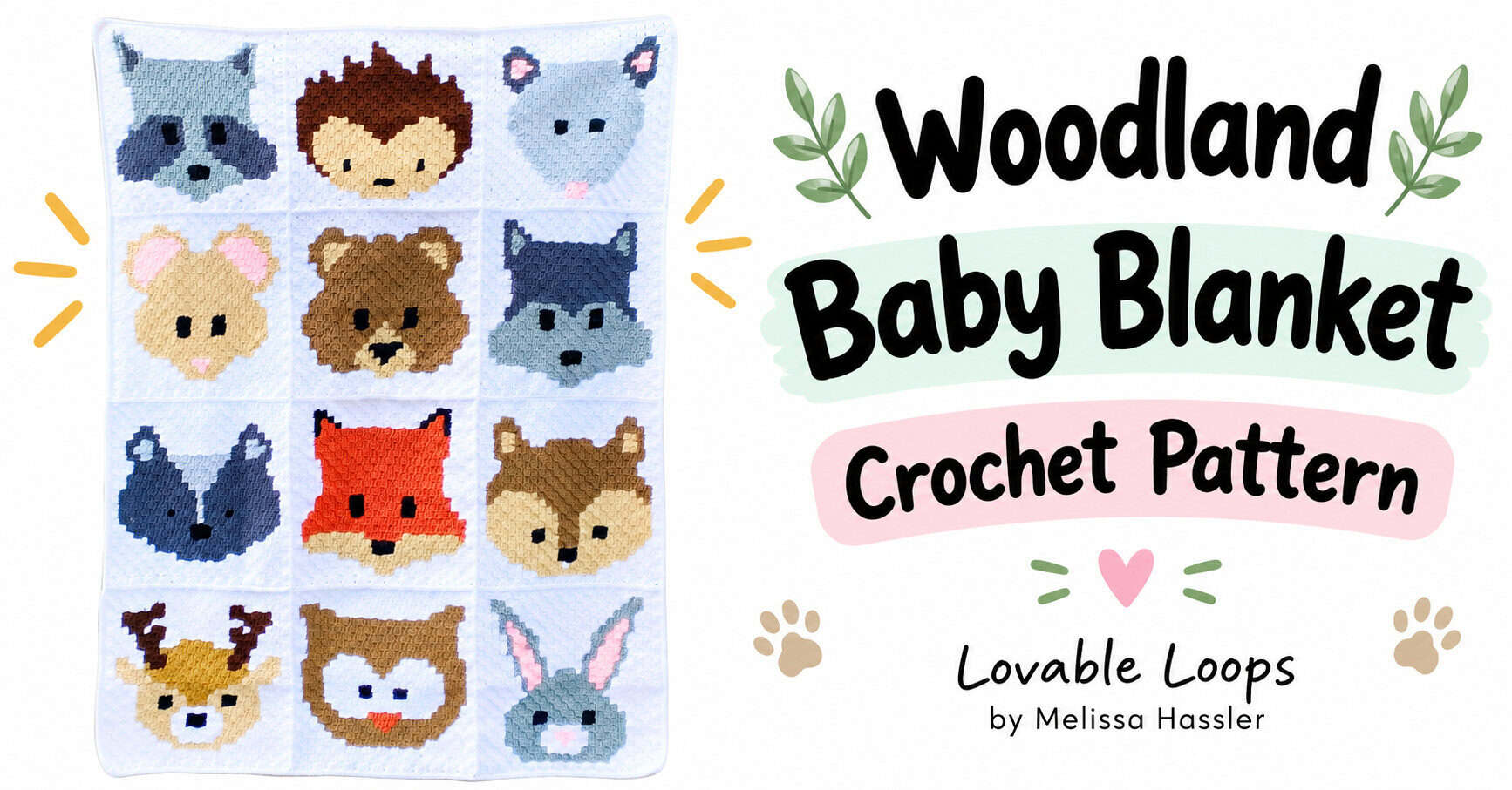 Wide graphic featuring a 12-panel woodland animal crochet baby blanket beside “Woodland Baby Blanket Crochet Pattern” text with pastel accents and Lovable Loops by Melissa Hassler branding.