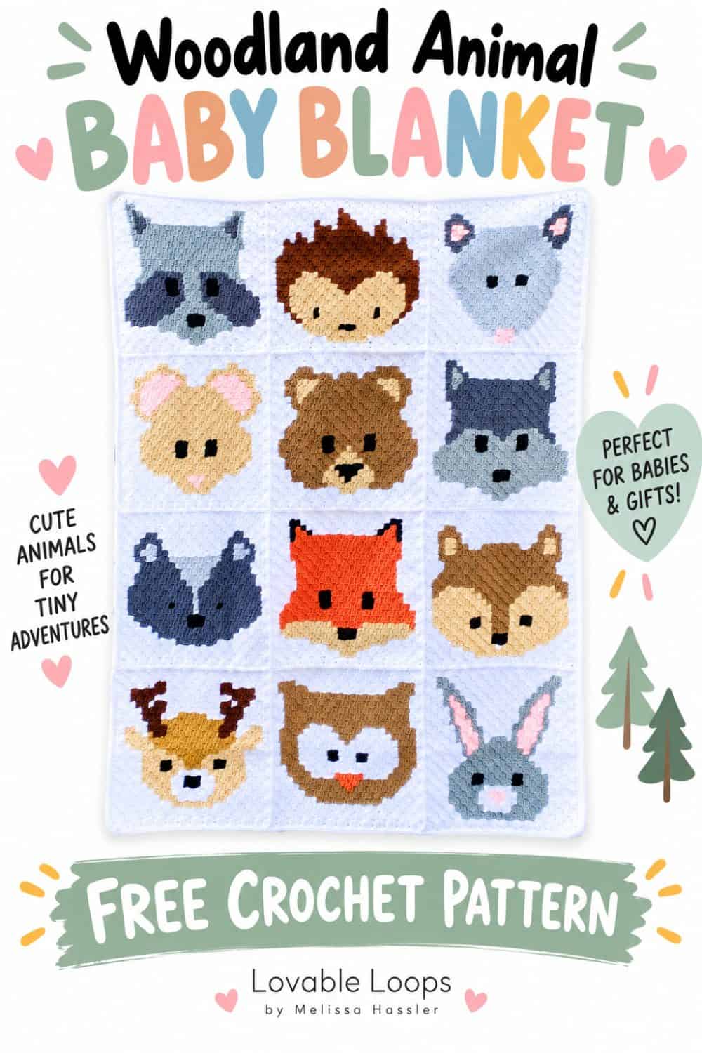 Pinterest graphic featuring a 12-panel woodland animal baby blanket with raccoon, fox, bear, deer, owl, bunny, and other forest animals, plus “Free Crochet Pattern” text and Lovable Loops branding.