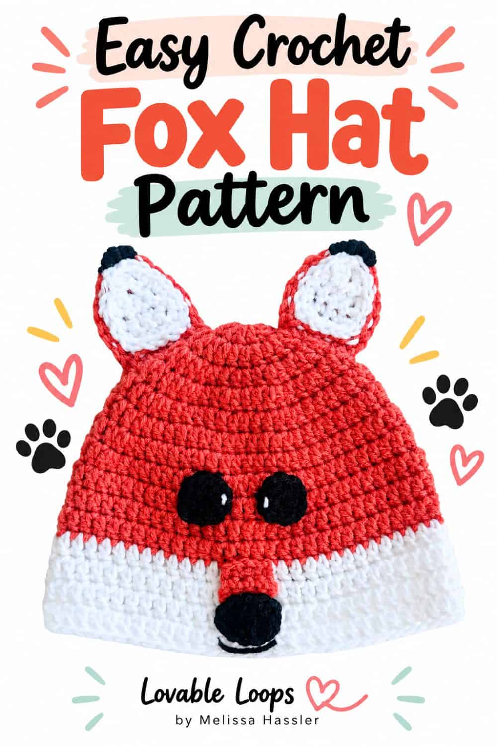 Pinterest graphic for a woodland crochet fox hat pattern featuring an orange and white fox beanie with ears, face details, hearts, leaves, and Lovable Loops branding.