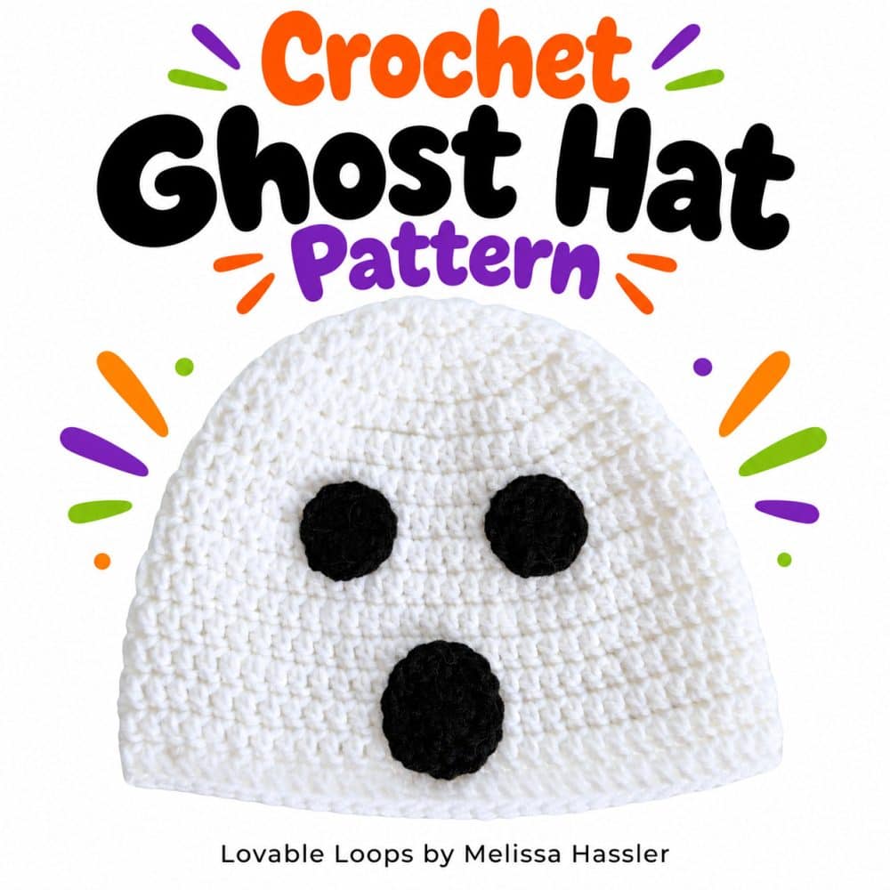 Square Pinterest graphic featuring a white crochet ghost hat with black eyes and an oval mouth beneath bold orange, black, and purple text reading “Crochet Ghost Hat Pattern.”